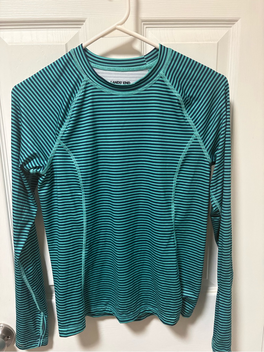 Lands' End Teal and Black Striped Long-Sleeve Rash Guard